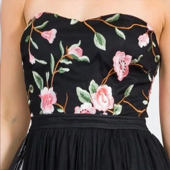 Black Floral Chiffon Maxi Dress | Strapless Sweetheart Slit Evening Gown - Picture 2 of 9